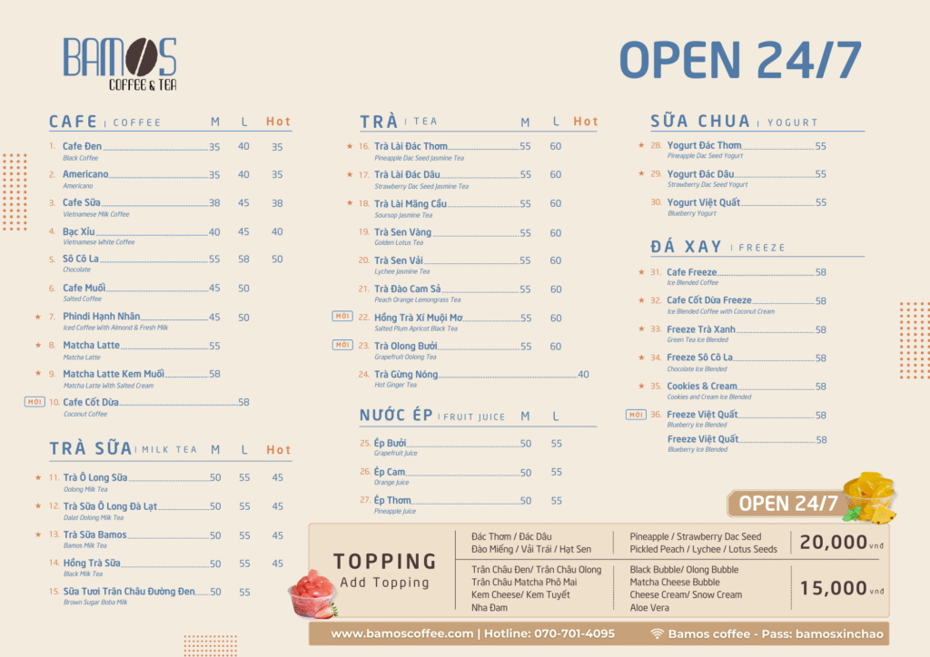 Bamos Coffee menu thực đơn